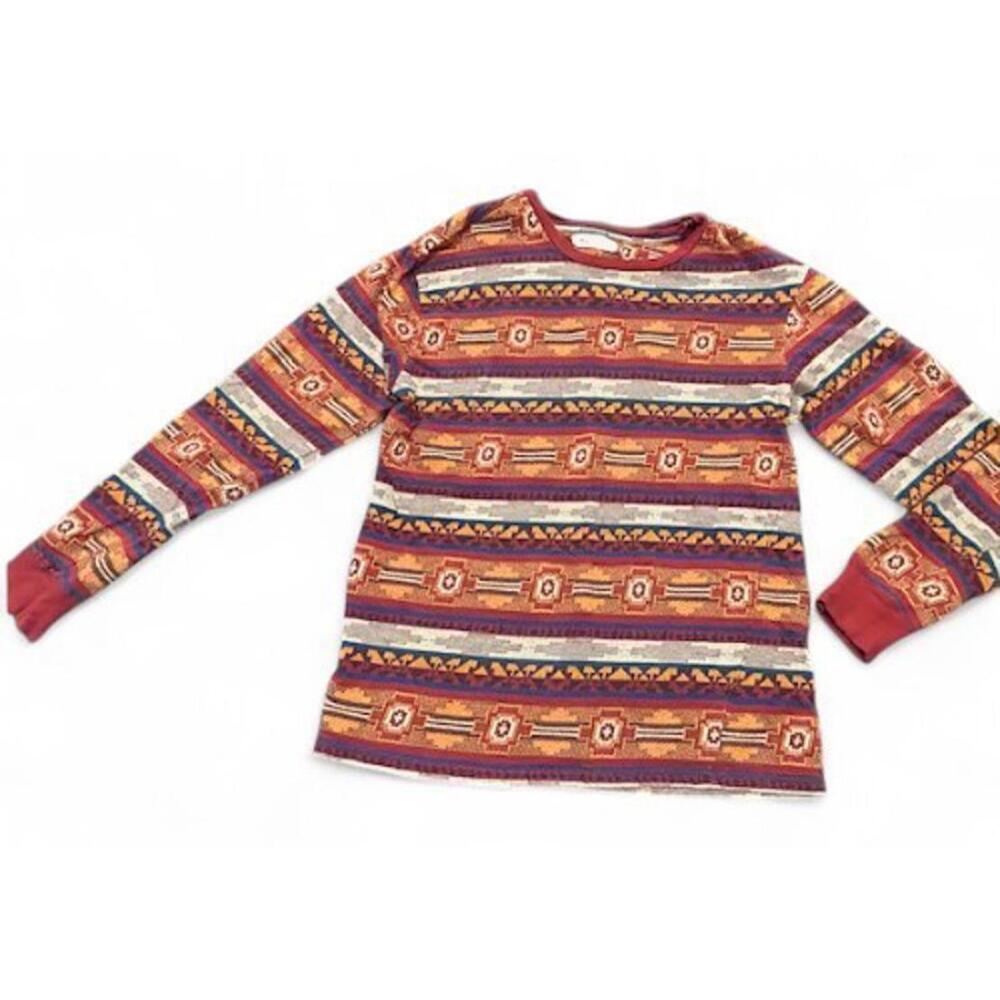 Womens Southwestern Aztec Print Long Sleeve Crew Neck Top Burgundy Orange Small‎